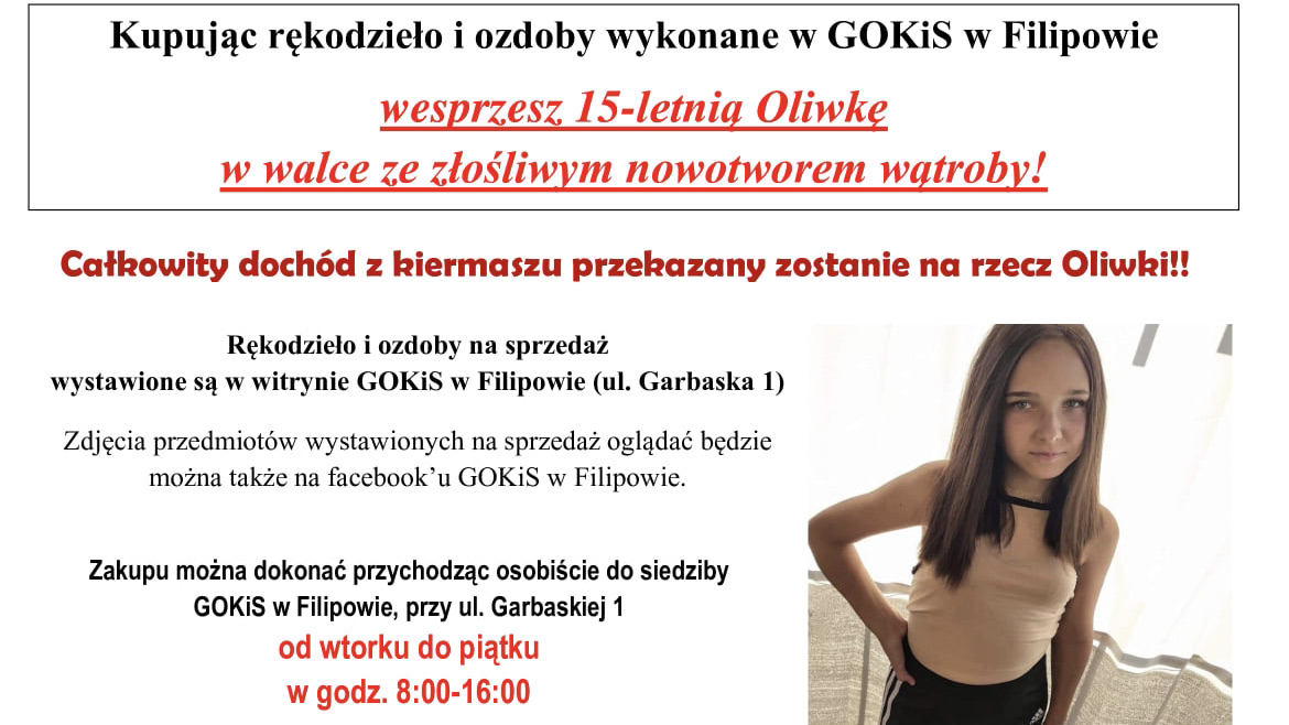 Zbiórki, licytacje i kiermasz rękodzieła. To wszystko dla 15-letniej Oliwii z Filipowa